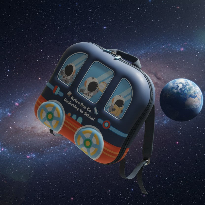 Mango Muffins blue and orange rocket bus backpack with astronaut passengers, perfect for school.