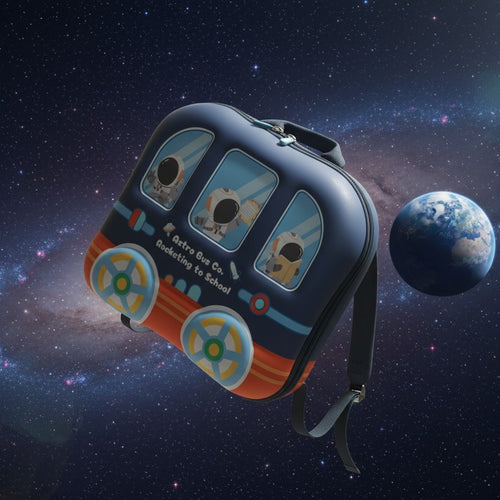 Mango Muffins blue and orange rocket bus backpack with astronaut passengers, perfect for school.