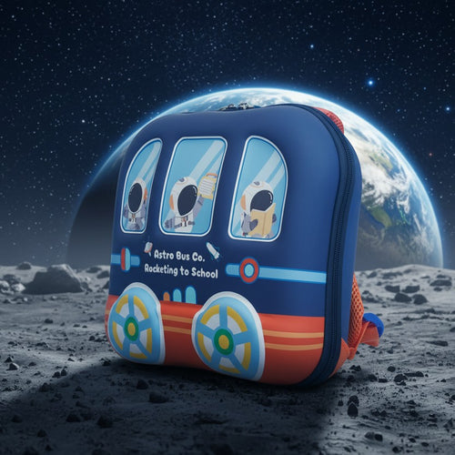 Mango Muffins blue and orange rocket bus backpack with astronaut passengers, ideal for school or travel.