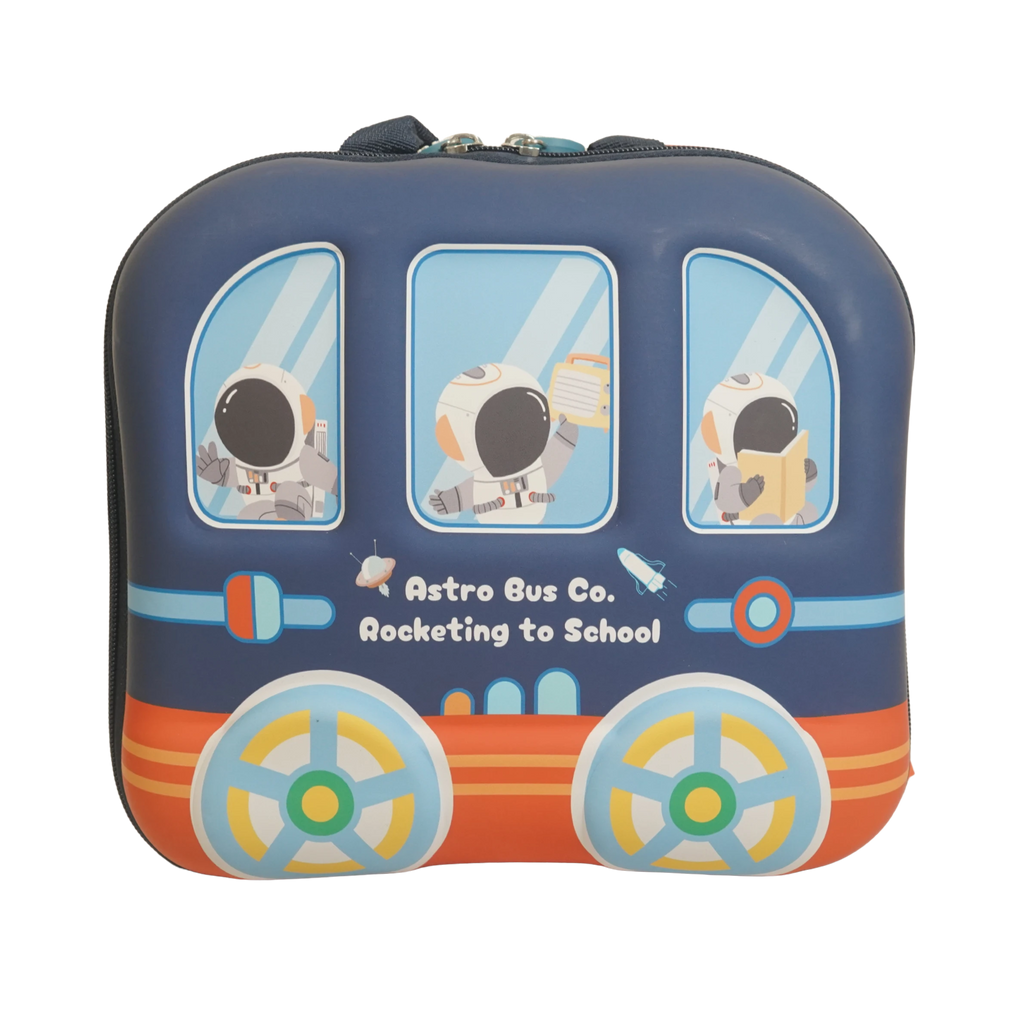 Mango Muffins Rocket to School Backpack with astronauts in a blue and orange bus design. Features fun wheels and space motifs.