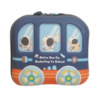 Mango Muffins Rocket to School Backpack with astronauts in a blue and orange bus design. Features fun wheels and space motifs.