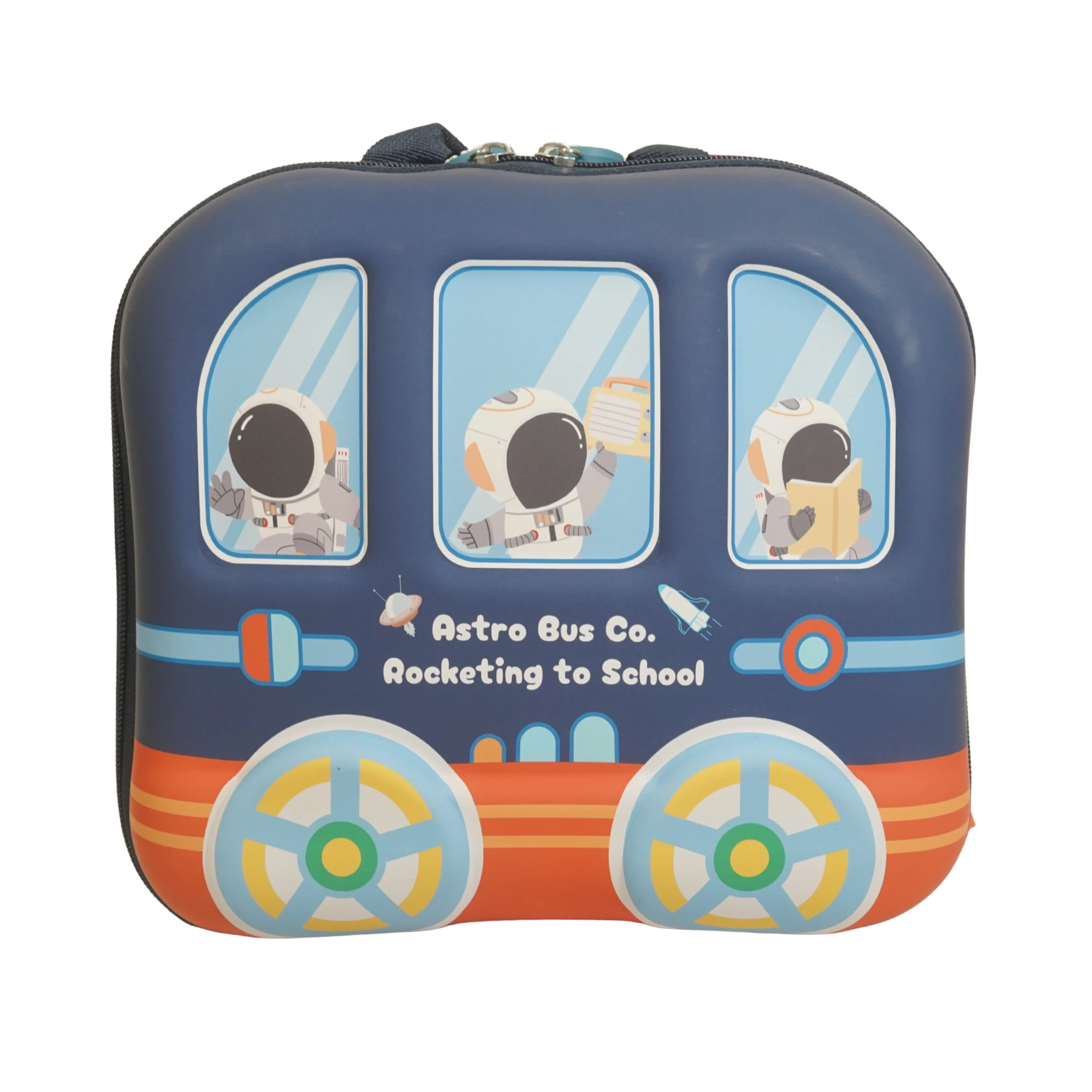 Mango Muffins Rocket to School Backpack with astronauts in a blue and orange bus design. Features fun wheels and space motifs.