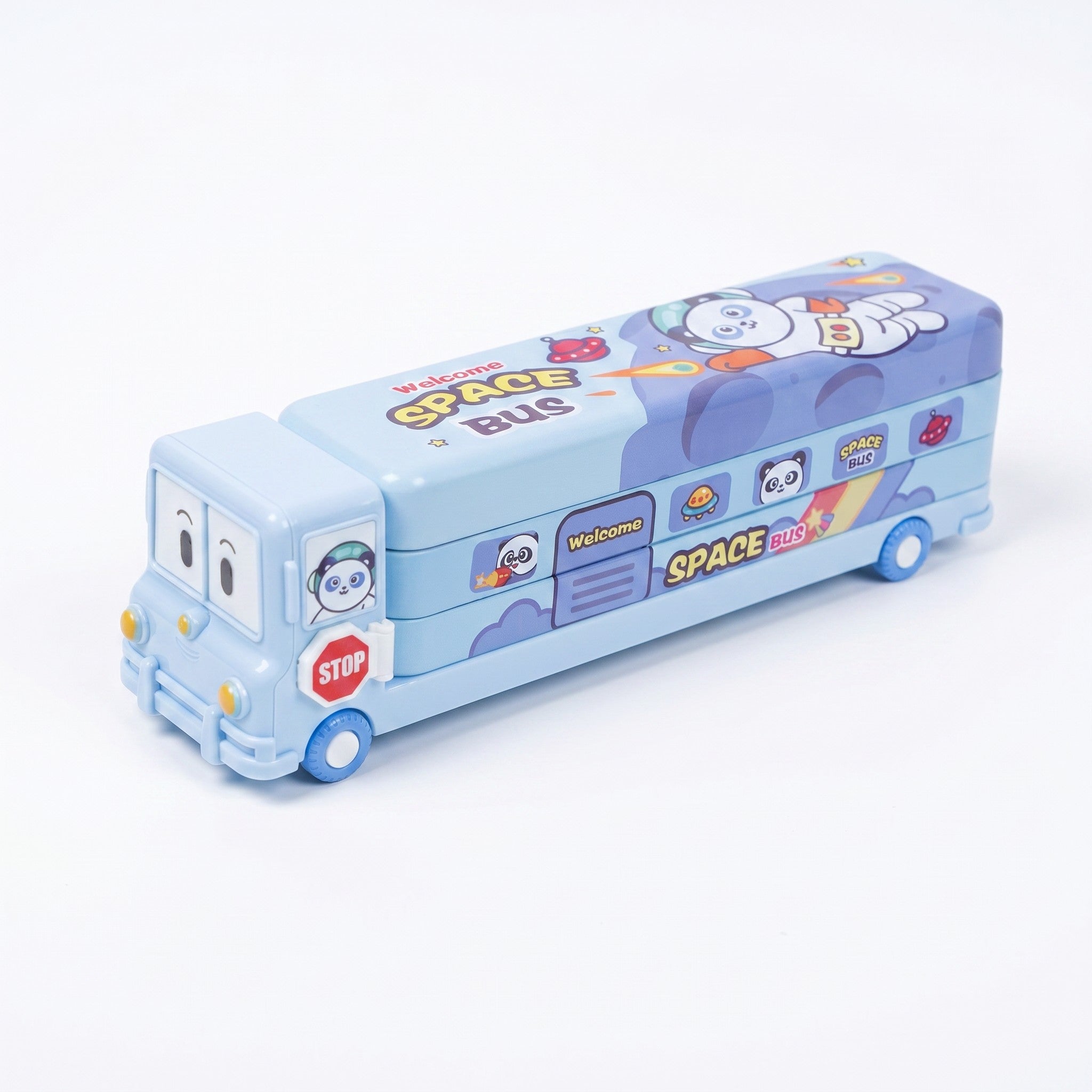 Mango Muffins Space Bus double-decker metal pencil box in cosmic blue with an astronaut panda print and rolling wheels.