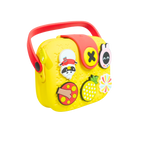 Mango Muffins yellow EVA crossbody sling bag for kids with red handle and customizable charms like a raccoon, pineapple, and ladybug.