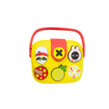 Mango Muffins yellow EVA crossbody sling bag for kids with red handle and customizable charms like a raccoon, pineapple, and bunny.