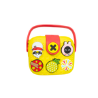 Mango Muffins yellow EVA crossbody sling bag for kids with red handle and customizable charms like a raccoon, pineapple, and bunny.