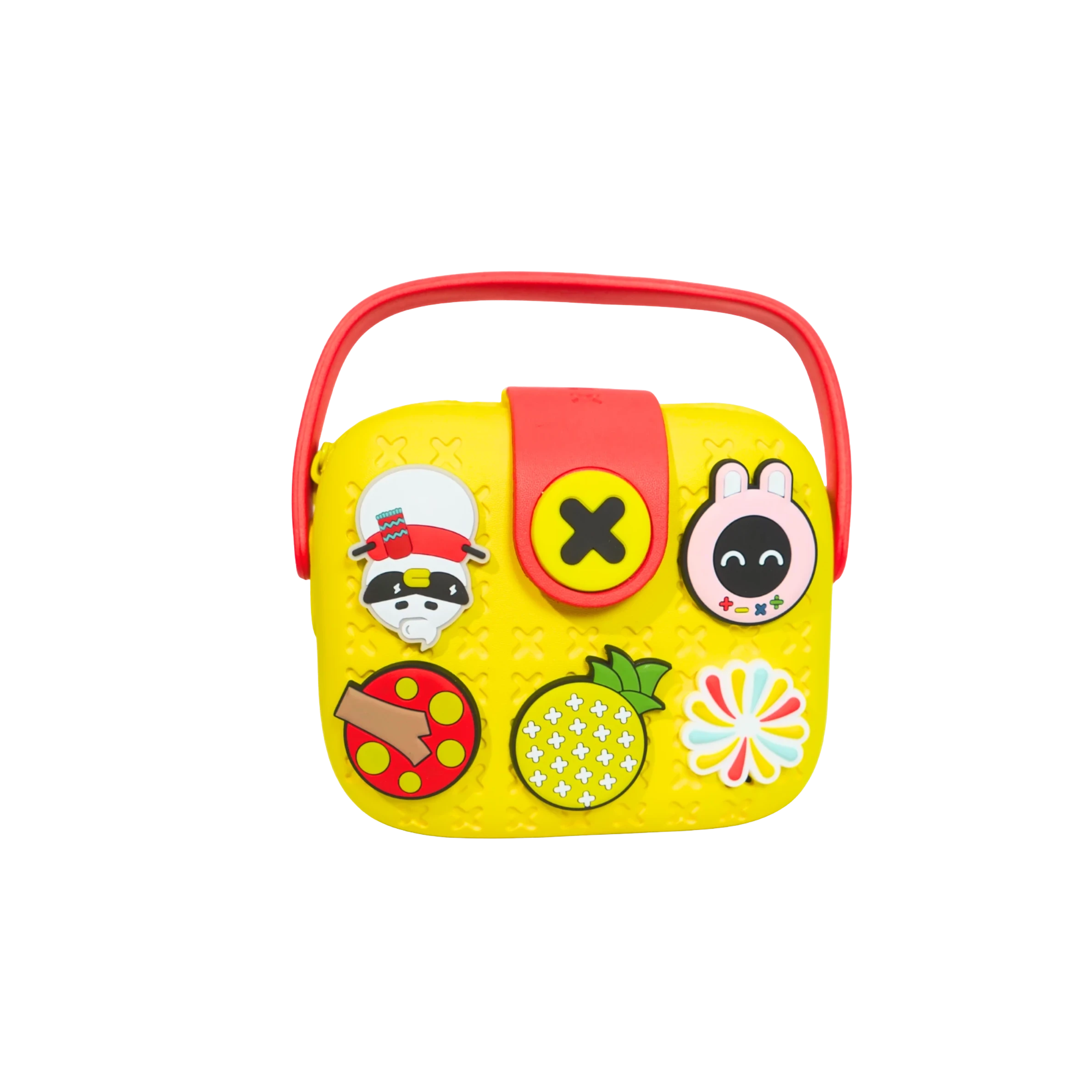Mango Muffins yellow EVA crossbody sling bag for kids with red handle and customizable charms like a raccoon, pineapple, and bunny.