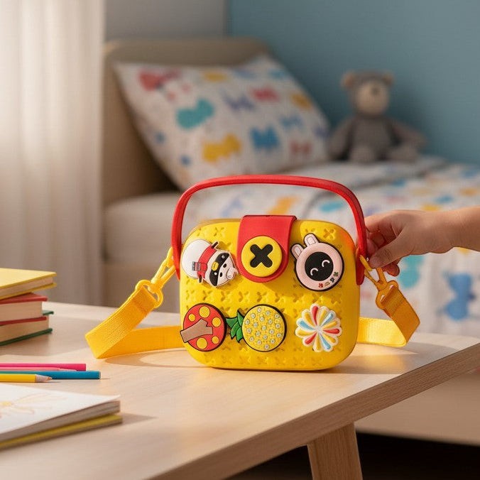 Mango Muffins yellow EVA crossbody sling bag for kids with customizable charms, red handle, and yellow strap.