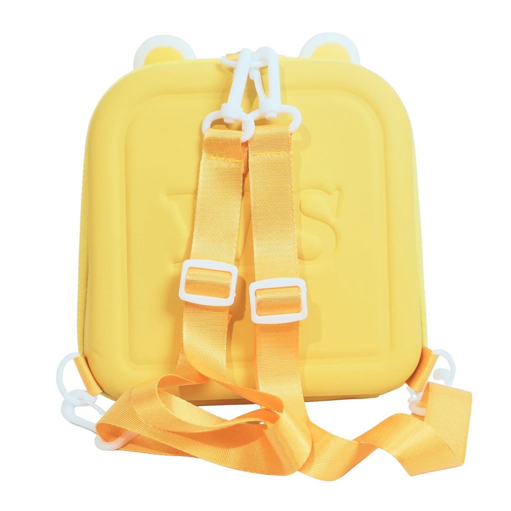 Mango Muffins yellow hard shell backpack with adjustable straps and bear ears.