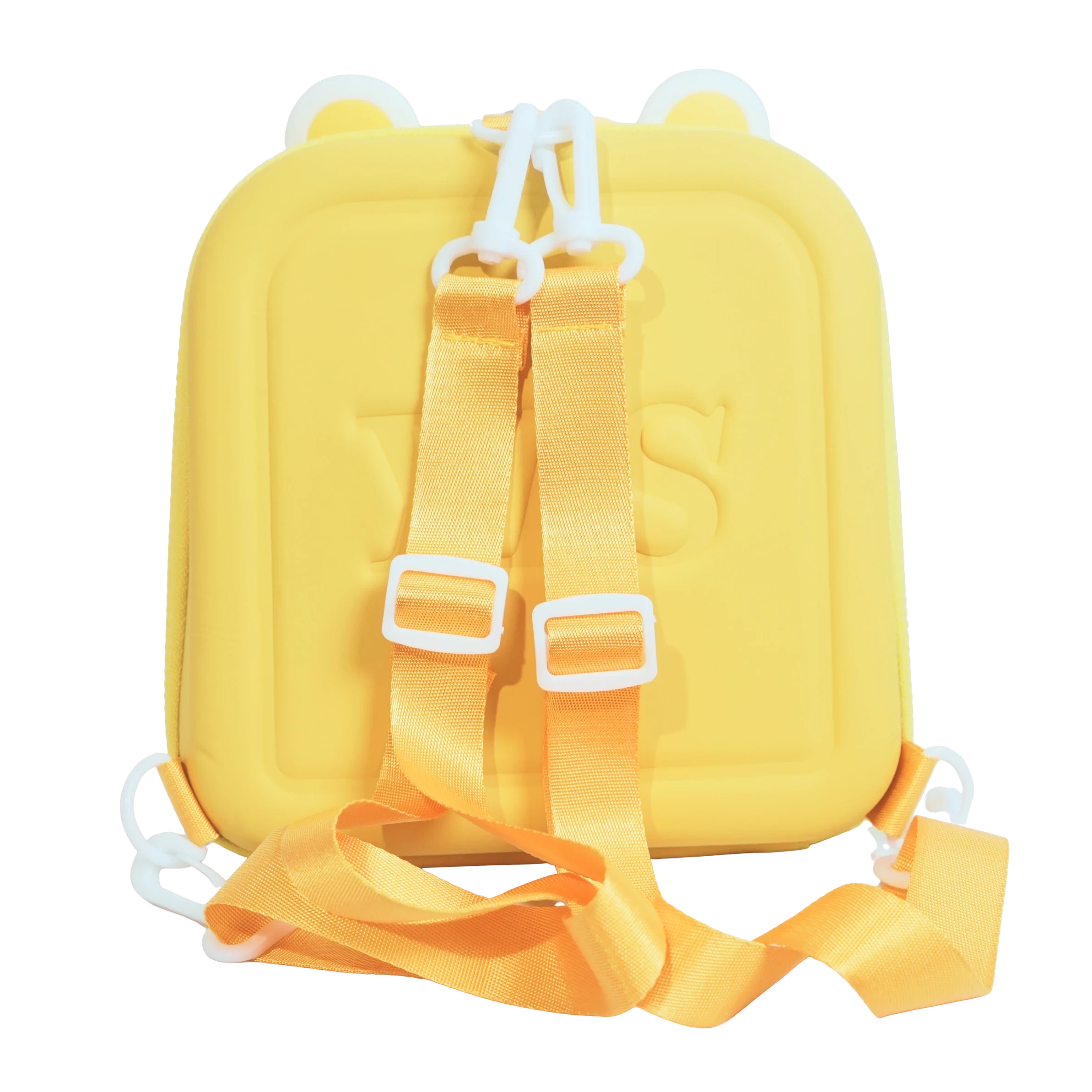 Mango Muffins yellow hard shell backpack with adjustable straps and bear ears.