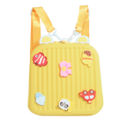Mango Muffins yellow hard shell backpack with 3D charms: fish, flower, ice cream, shell, panda, and car.