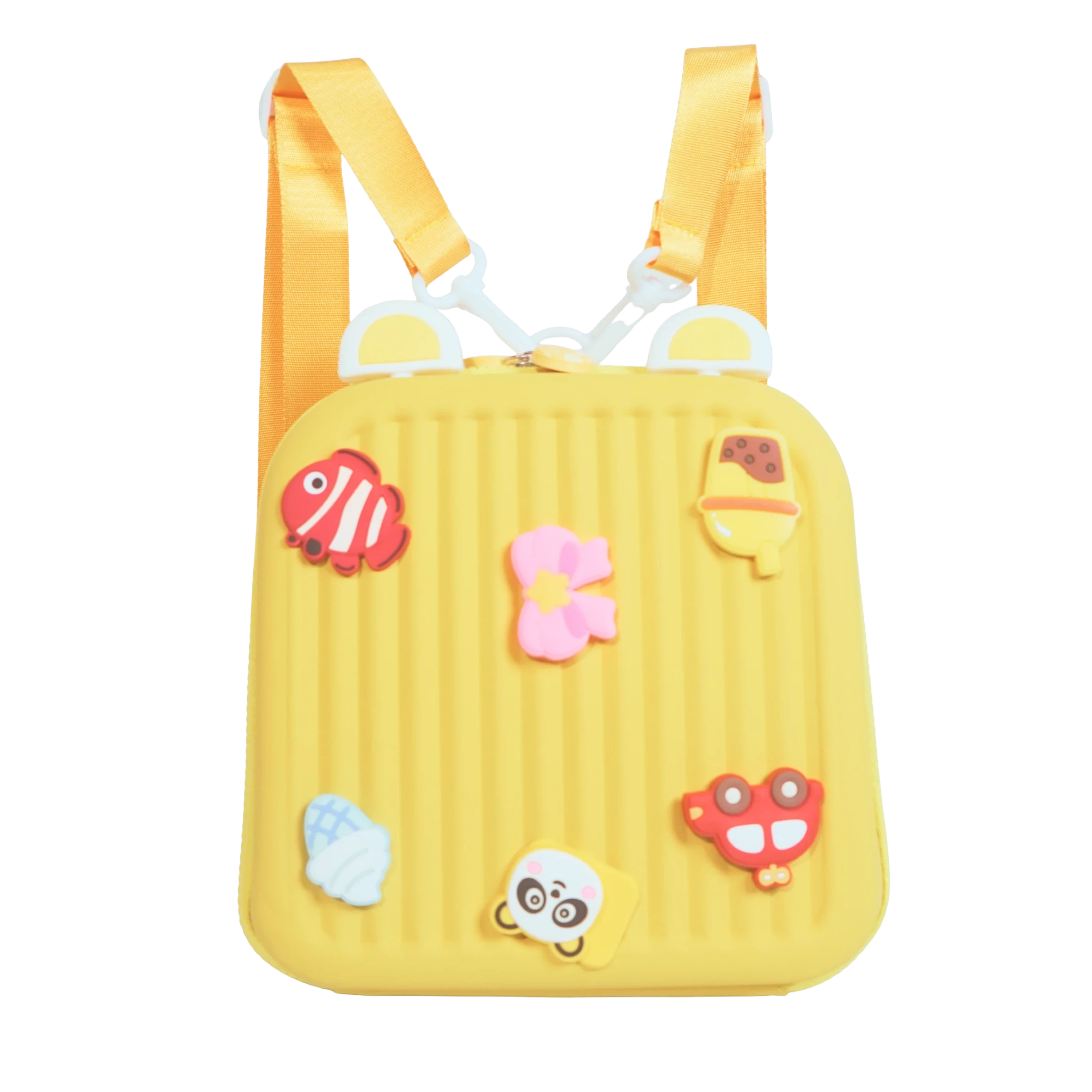 Mango Muffins yellow hard shell backpack with 3D charms: fish, flower, ice cream, shell, panda, and car.