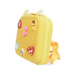 Mango Muffins yellow hard shell backpack with cute 3D charms like a panda, ice cream, and fish.