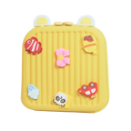 Mango Muffins yellow hard shell backpack with 3D charms: fish, ice cream, flower, panda, and car.