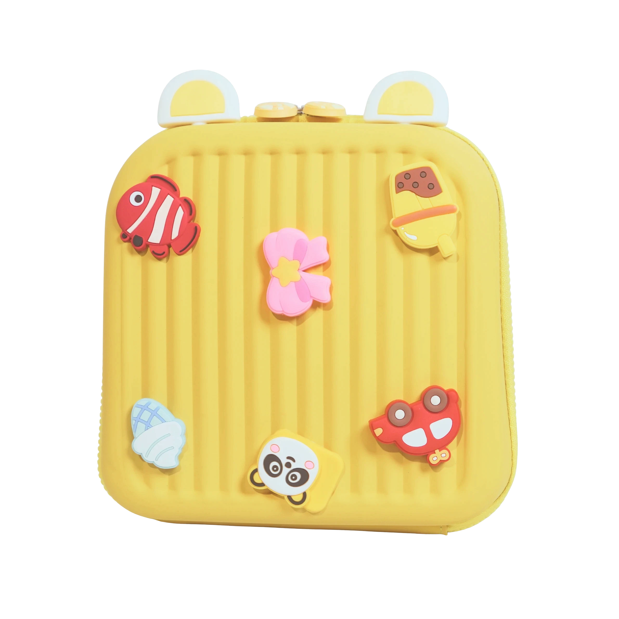 Mango Muffins yellow hard shell backpack with 3D charms: fish, ice cream, flower, panda, and car.