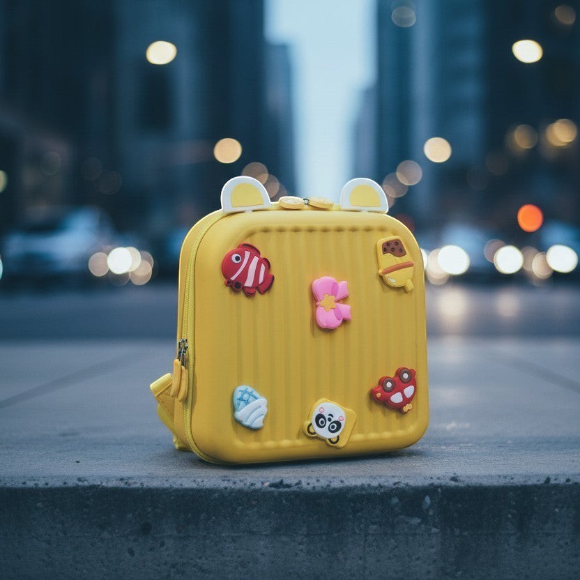 Mango Muffins yellow hard shell backpack with 3D charms like a fish, panda, and ice cream. Features bear ears on top.