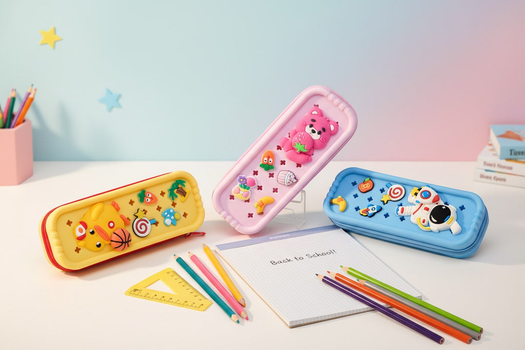 Mango Muffins yellow pencil case with a cartoon character and basketball design. Features a smooth zipper.