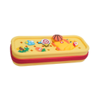 Mango Muffins yellow pencil case with red zipper, featuring a duck character, lollipop, carrot, and basketball.