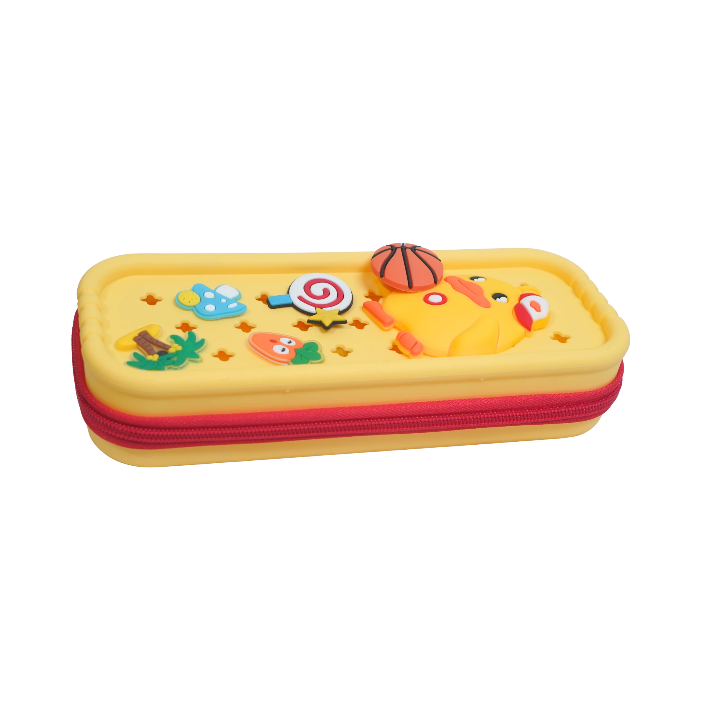 Mango Muffins yellow pencil case with red zipper, featuring a duck character, lollipop, carrot, and basketball.