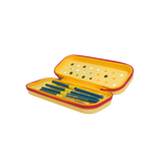 Mango Muffins yellow pencil case with red zipper, holding blue pencils. Features internal elastic straps and mesh pockets.