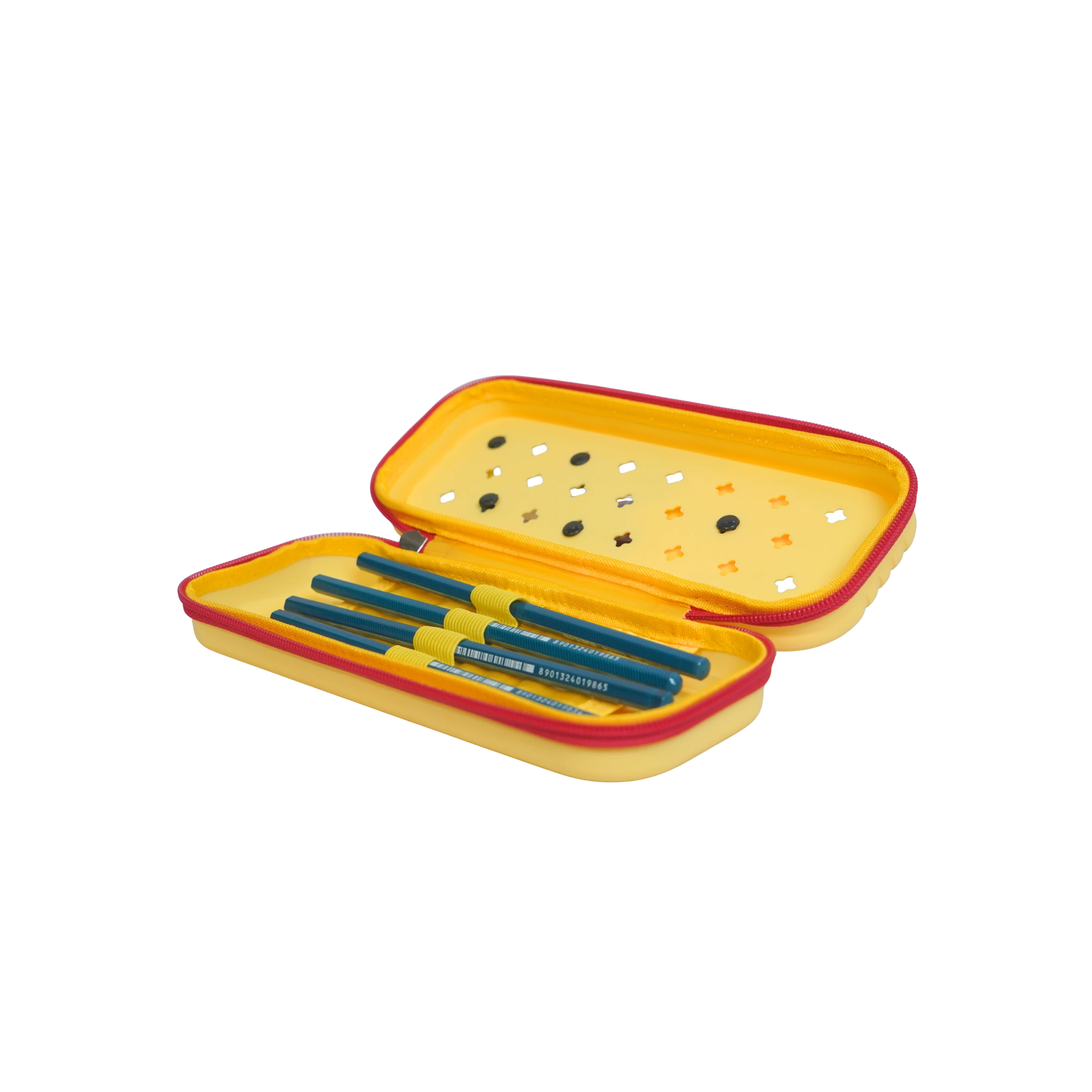 Mango Muffins yellow pencil case with red zipper, holding blue pencils. Features internal elastic straps and mesh pockets.