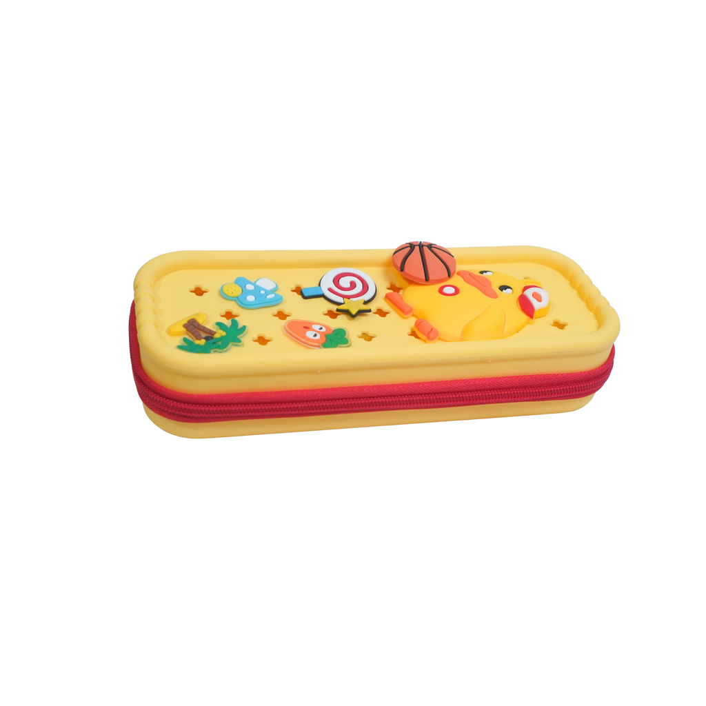 Yellow pencil case with red zipper, featuring cartoon designs like a carrot, lollipop, and basketball. Mango Muffins.