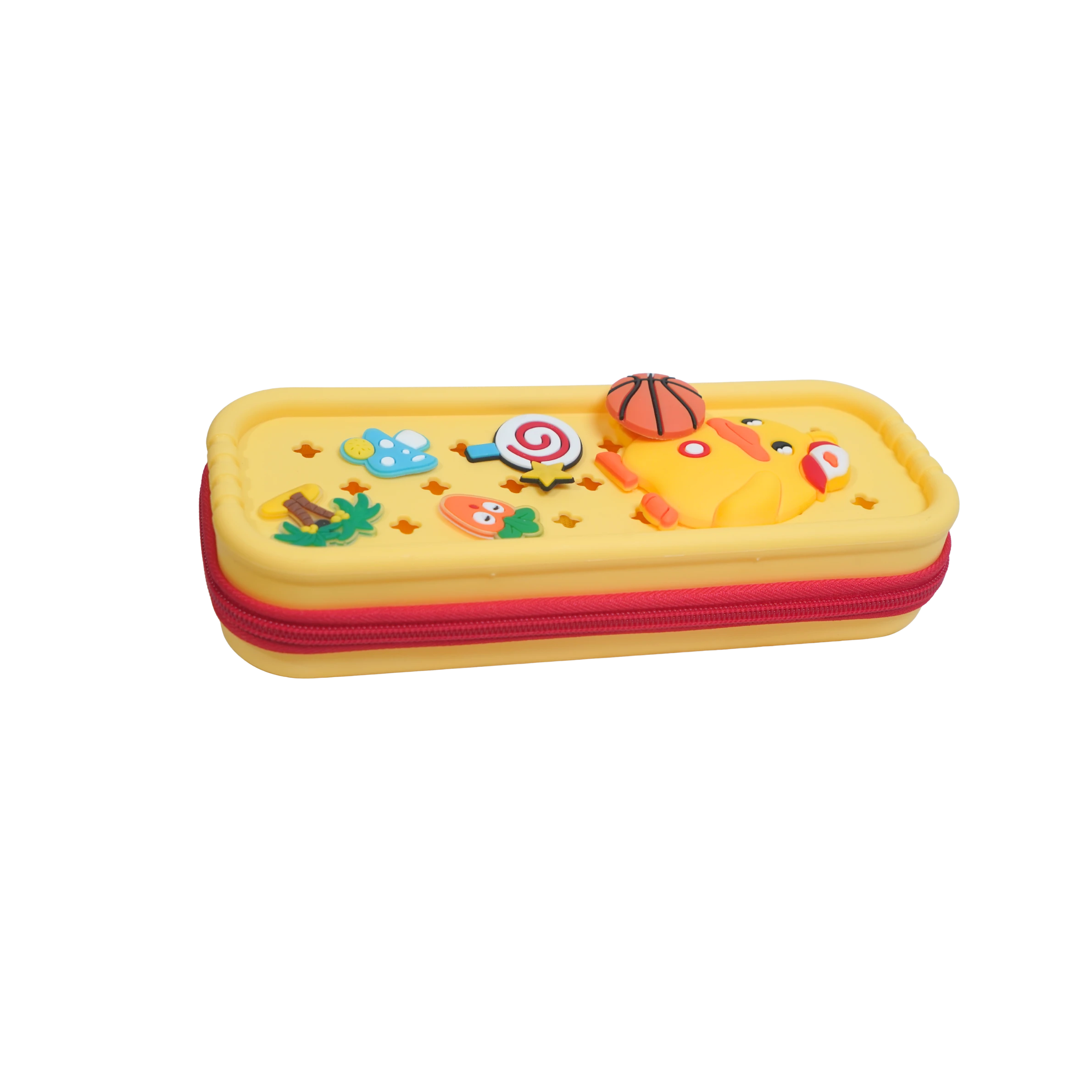 Yellow pencil case with red zipper, featuring cartoon designs like a carrot, lollipop, and basketball. Mango Muffins.