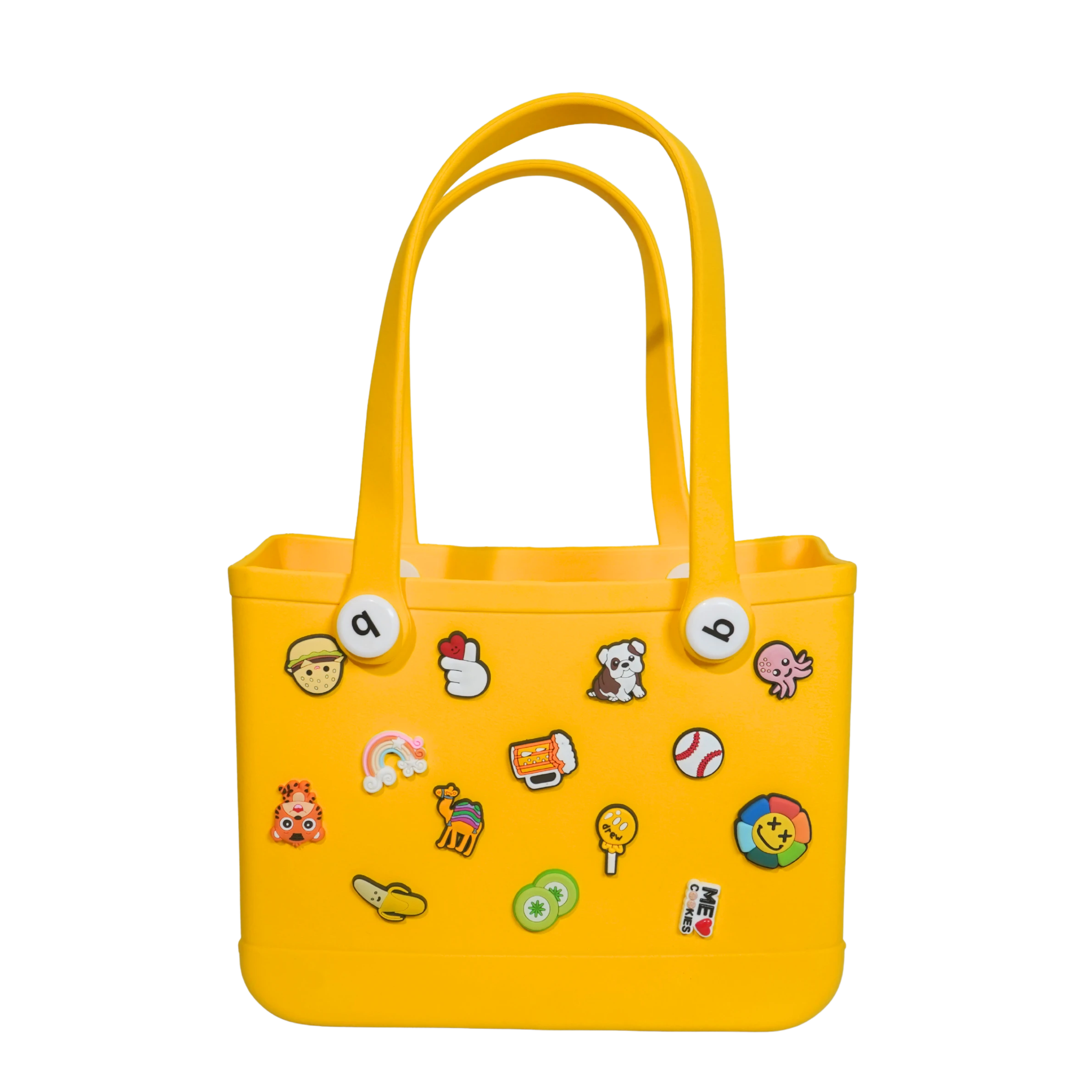 Mango Muffins yellow waterproof PVC tote bag with playful charms and soft straps, perfect for kids.