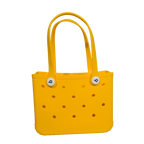 Mango Muffins yellow waterproof PVC tote bag with holes and white button accents, perfect for beach or pool.