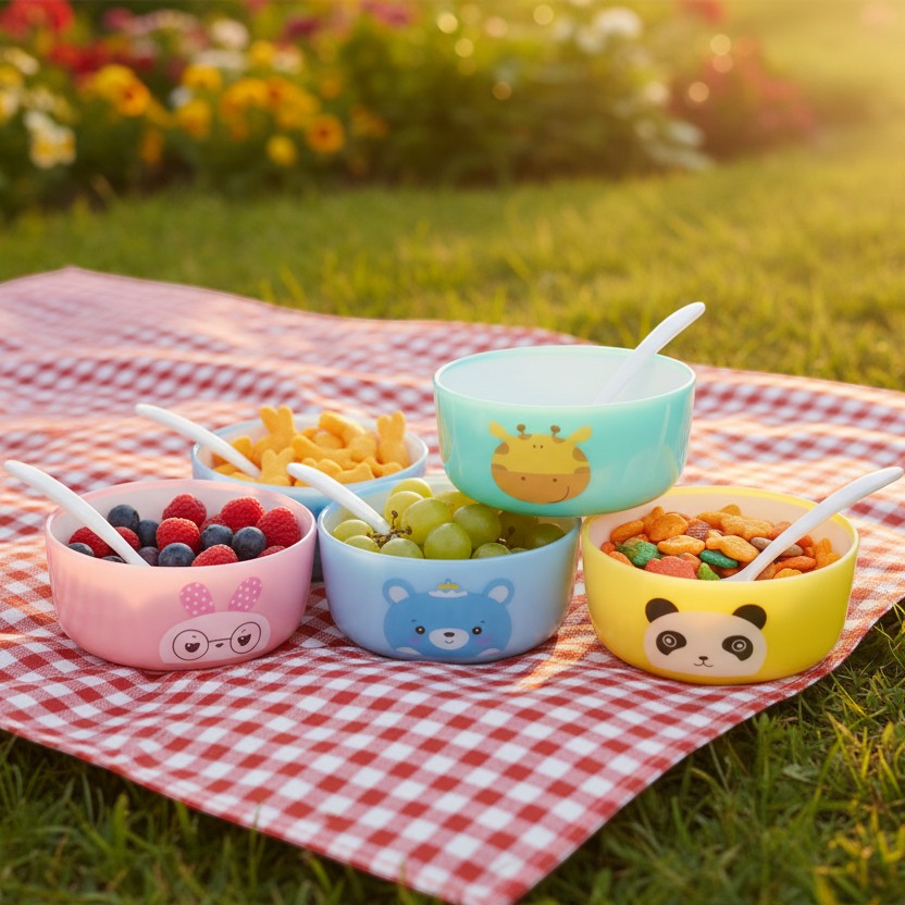 Mango Muffins Zoo-Time snack bowls set with bunny, bear, giraffe, and panda designs. Perfect for kids.