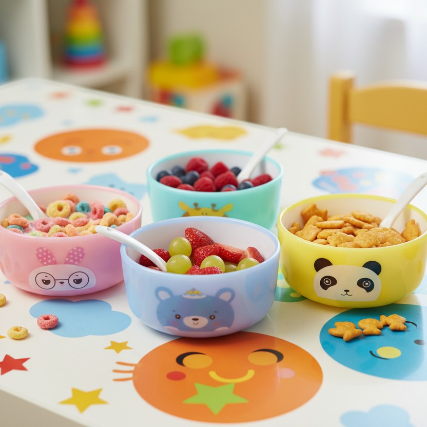 Mango Muffins Zoo-Time snack bowls set with bunny, bear, giraffe, and panda designs. Filled with cereal, berries, and fruit.
