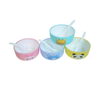 Mango Muffins Zoo-Time snack bowls set with spoons, featuring pink bunny, blue bear, teal giraffe, and yellow panda designs.