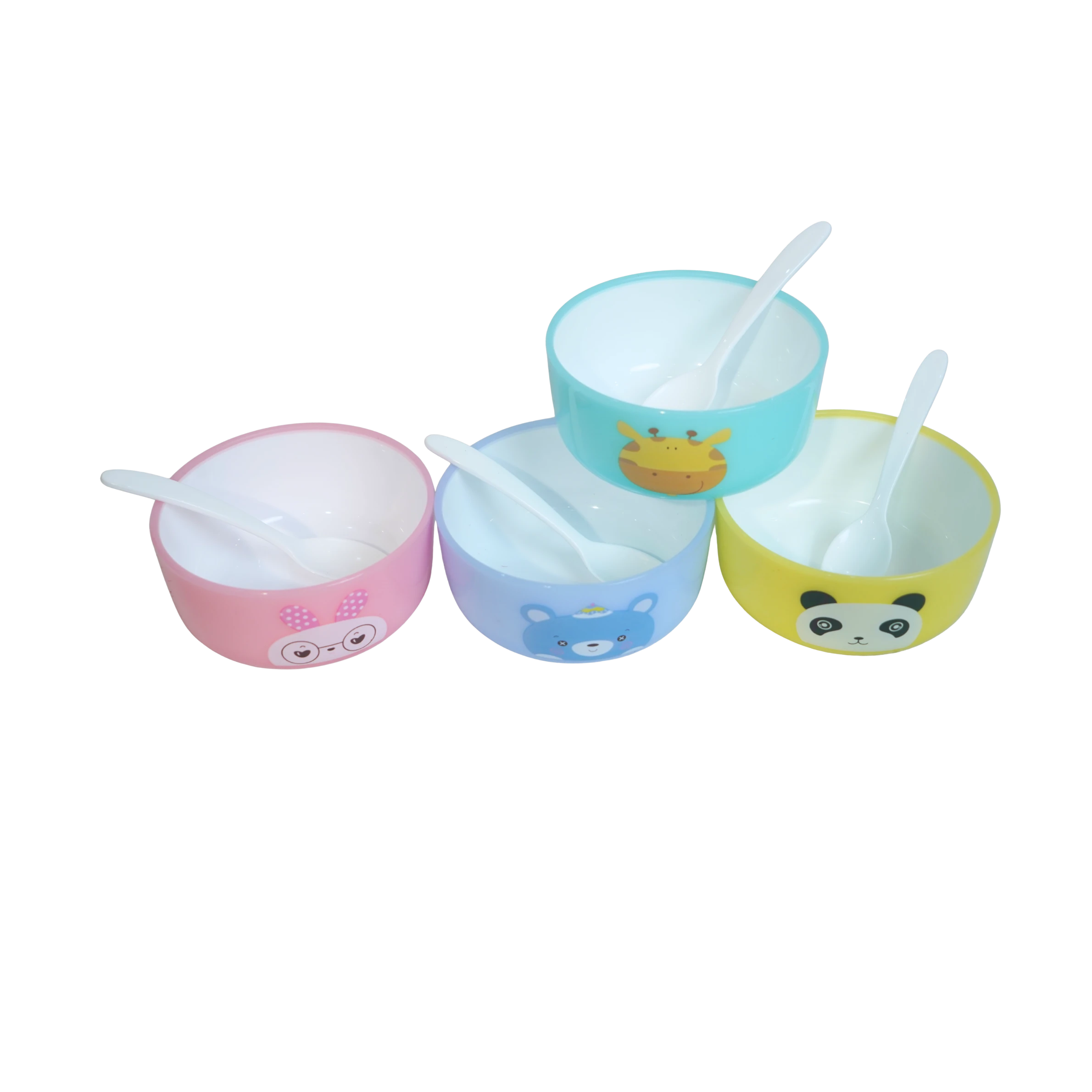 Mango Muffins Zoo-Time snack bowls set with spoons, featuring pink bunny, blue bear, teal giraffe, and yellow panda designs.